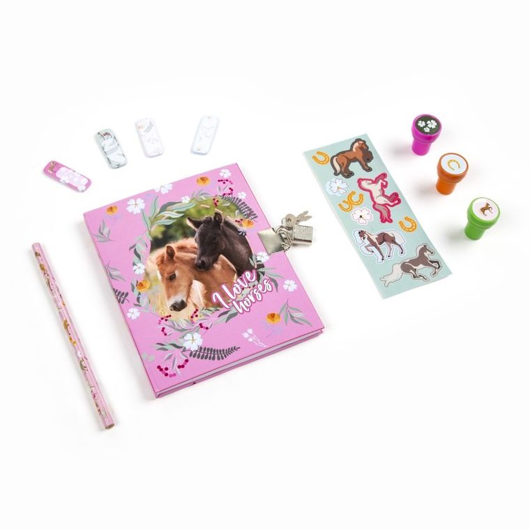 Kidea, pamiętnik z kłódką i stempelkami + zestaw przyborów, konie