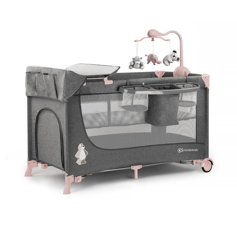 Kinderkraft, Joy, łóżeczko turystyczne z akcesoriami, szaro-różowe