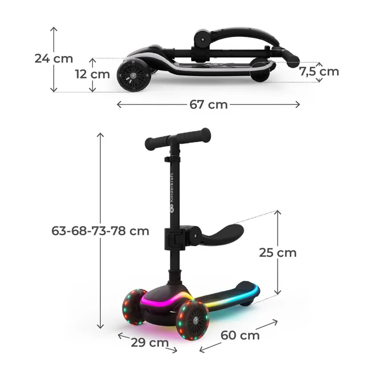 Kinderkraft, RAKET UP, hulajnoga 3-kołowa LED, 2w1, Black