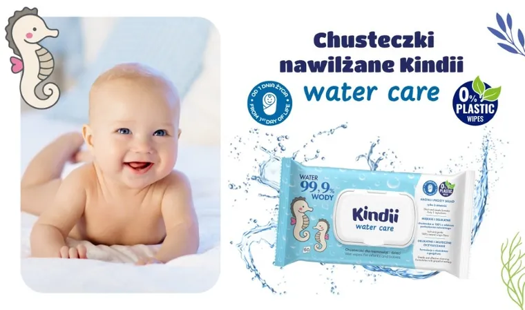 Kindii, Water Care 99,9%, chusteczki nawilżane, 60 szt.