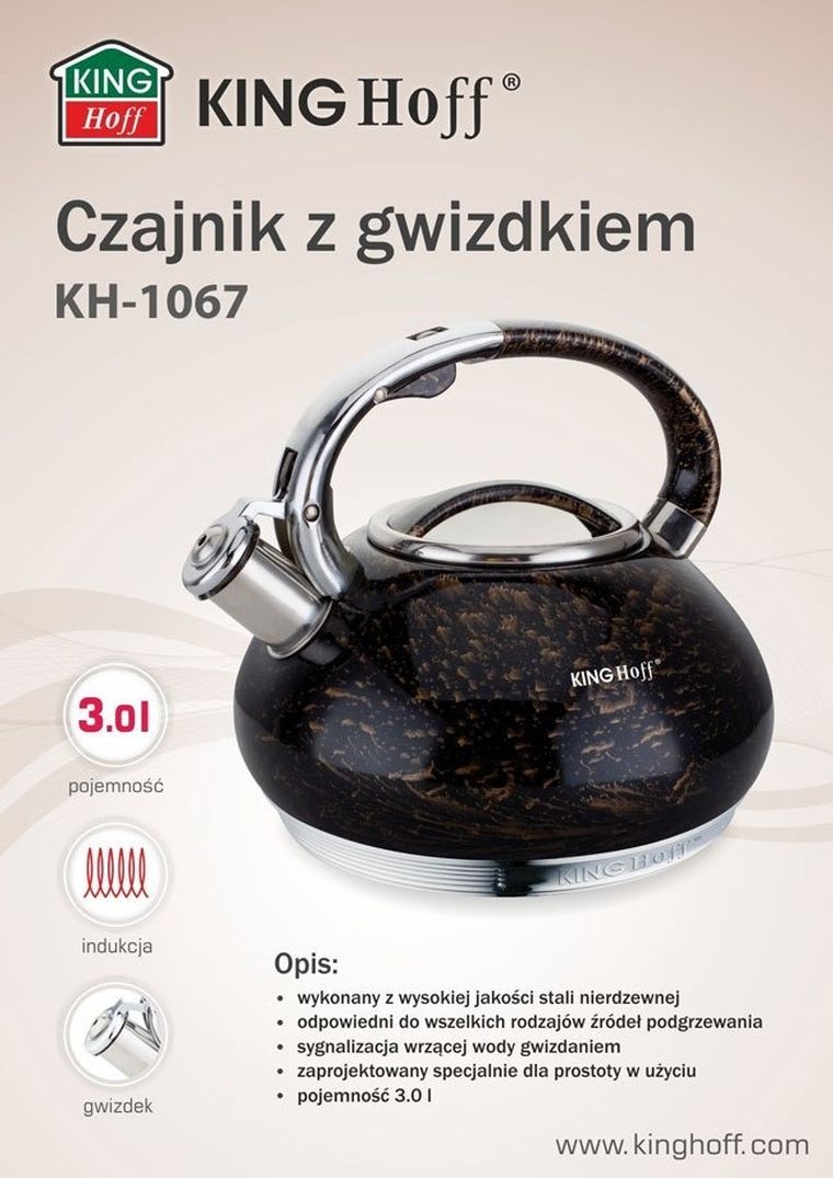 Kinghoff, Gold, czajnik z gwizdkiem KH-1067, 3 l