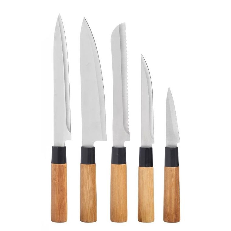 Kinvara, Bamy, zestaw noży kuchennych z bambusowymi trzonkami w stojaku, 6 szt.