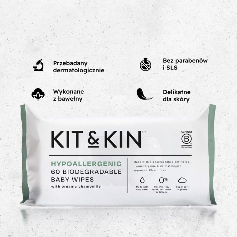 Kit and Kin, biodegradowalne bezzapachowe chusteczki wodne, 60 szt.