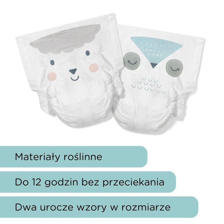 Kit and Kin, biodegradowalne pieluszki jednorazowe, rozmiar 1, Mini, 2-5 kg, owieczka i sówka, 40 szt.
