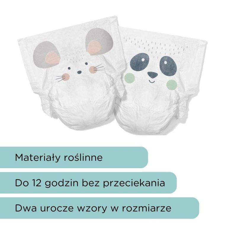 Kit and Kin, biodegradowalne pieluszki jednorazowe, rozmiar 2, Midi, 4-8 kg, myszka i panda, 38 szt.