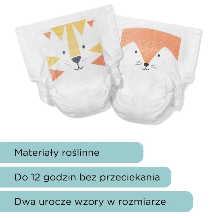 Kit and Kin, biodegradowalne pieluszki jednorazowe, rozmiar 4, Maxi Plus, 9-14 kg, lisek i tygrysek, 32 szt.