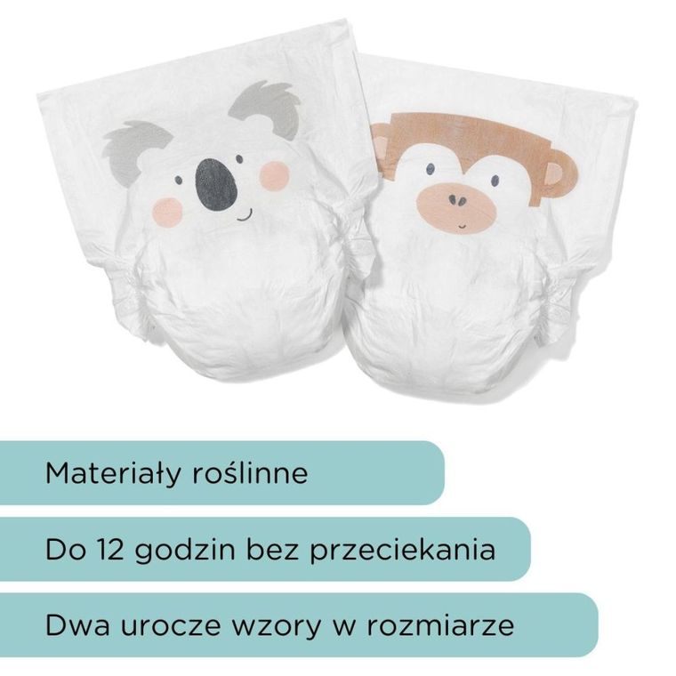 Kit and Kin, biodegradowalne pieluszki jednorazowe, rozmiar 5, Junior, 11 kg+, koala i małpka, 28 szt.
