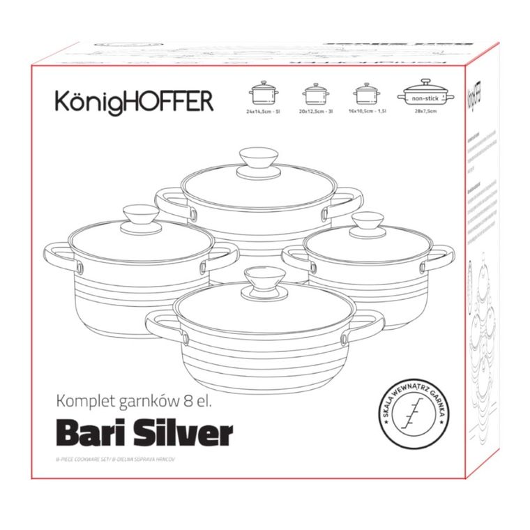 KönigHoffer, Bari, komplet garnków, indukcja, eco box, silver, 8 elementów