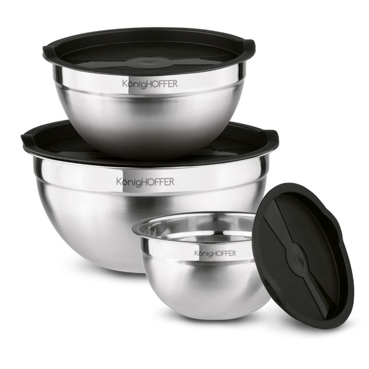 Könighoffer, komplet misek nierdzewnych satynowych z czarną pokrywą, 16/20/24 cm, 3 szt.