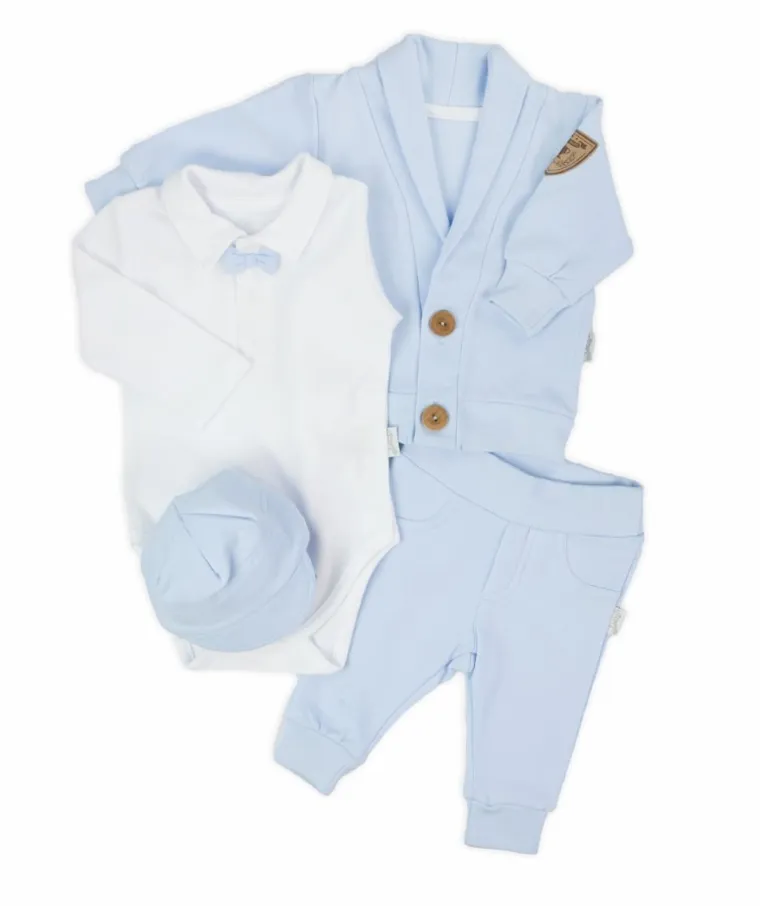 Komplet chłopięcy, Body z długim rękawem, Spodnie, Bluza rozpinana, Czapka, niebiesko-białe, Nicol