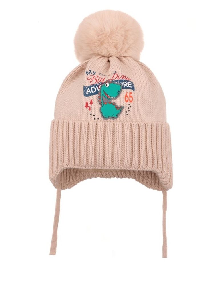 Komplet chłopięcy, Czapka z pomponem, wiązana, Komin, beżowy, Ambra