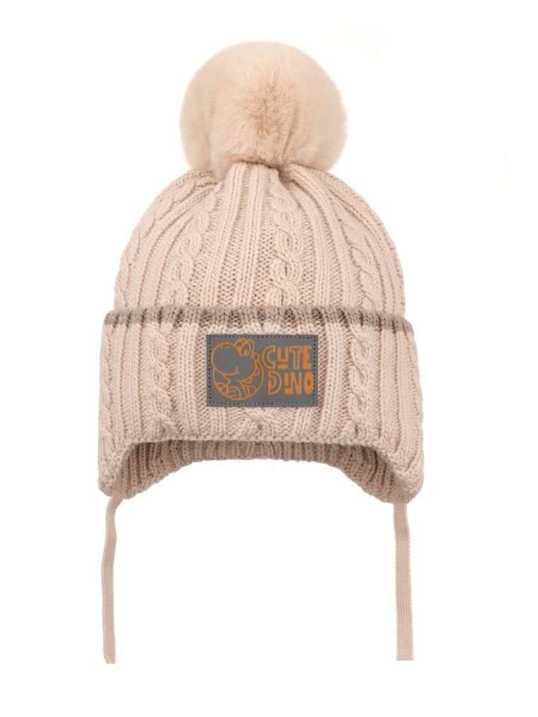Komplet chłopięcy, Czapka z pomponem, wiązana, Komin, beżowy, Ambra