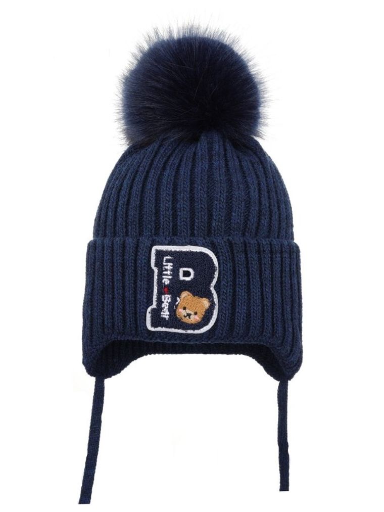 Komplet chłopięcy, Czapka z pomponem, wiązana, Komin, granatowy, Ambra