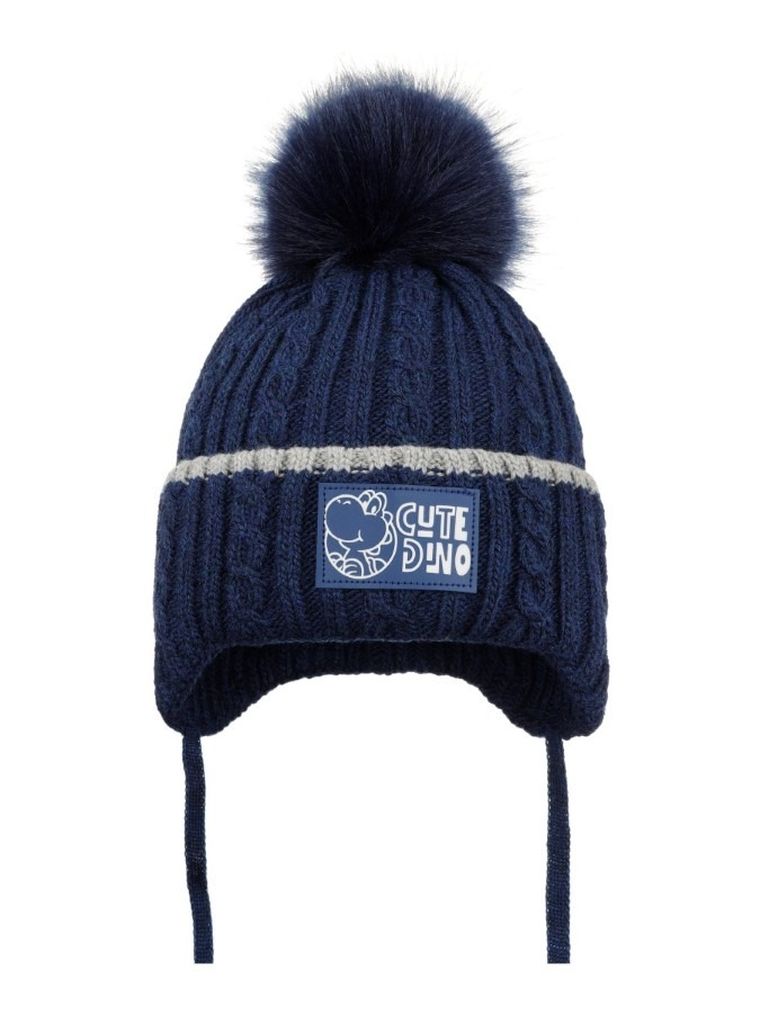 Komplet chłopięcy, Czapka z pomponem, wiązana, Komin, granatowy, Ambra