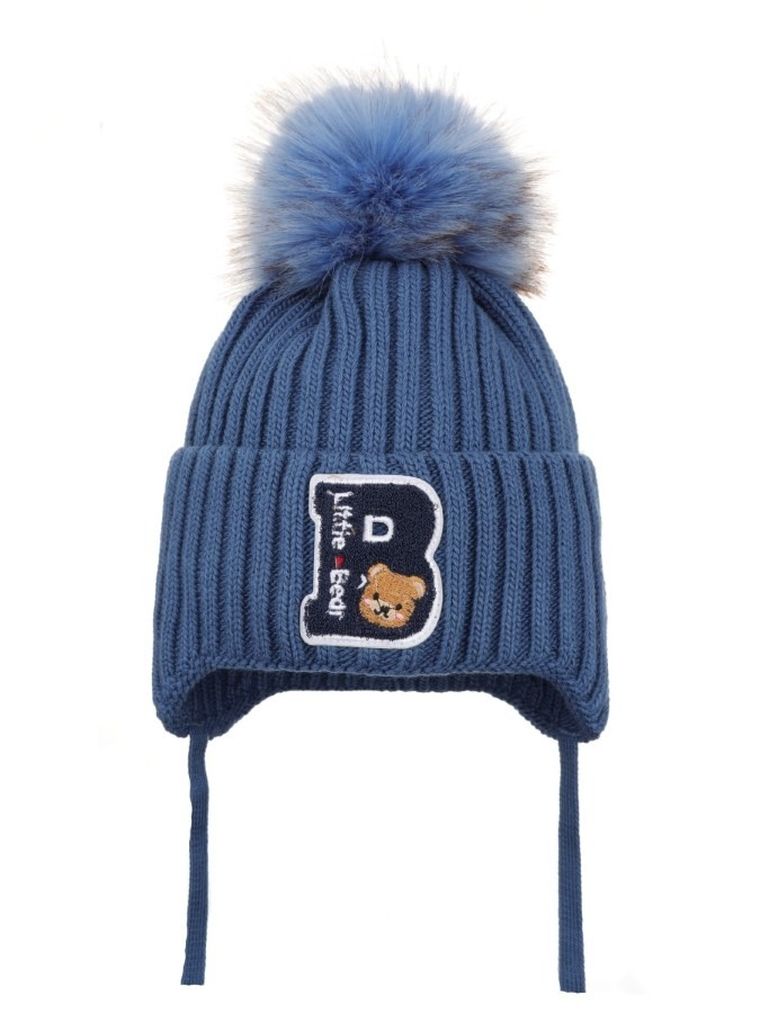 Komplet chłopięcy, Czapka z pomponem, wiązana, Komin, niebieski, Ambra