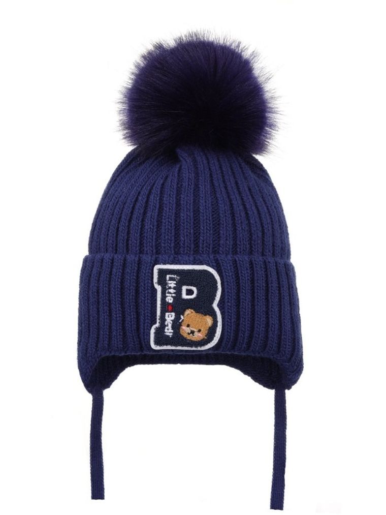 Komplet chłopięcy, Czapka z pomponem, wiązana, Komin, niebieski, Ambra