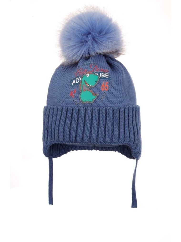 Komplet chłopięcy, Czapka z pomponem, wiązana, Komin, niebieski, Ambra