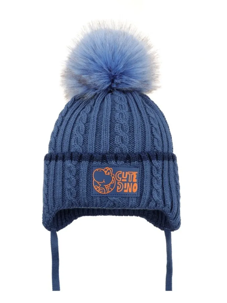 Komplet chłopięcy, Czapka z pomponem, wiązana, Komin, niebieski, Ambra