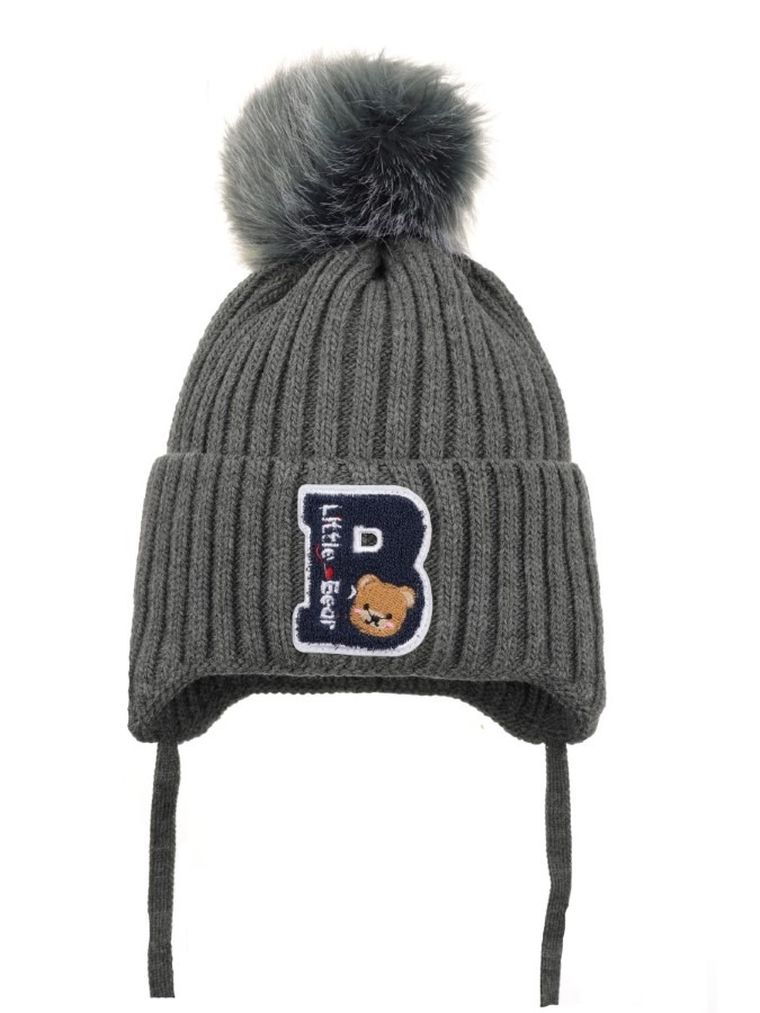 Komplet chłopięcy, Czapka z pomponem, wiązana, Komin, szary, Ambra