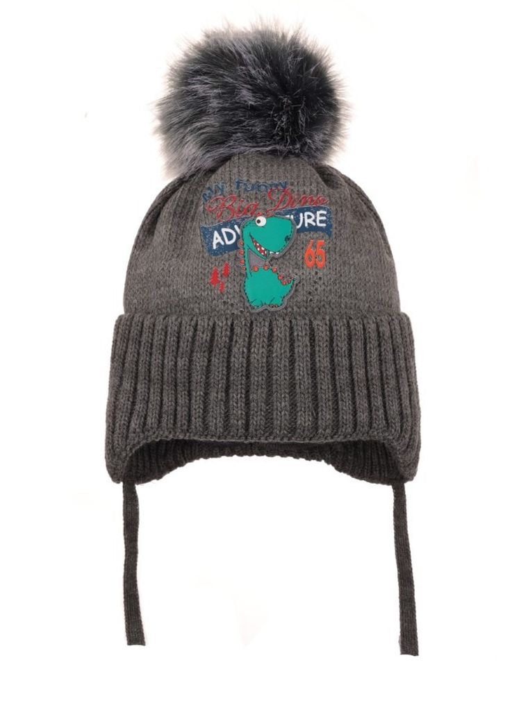 Komplet chłopięcy, Czapka z pomponem, wiązana, Komin, szary, Ambra