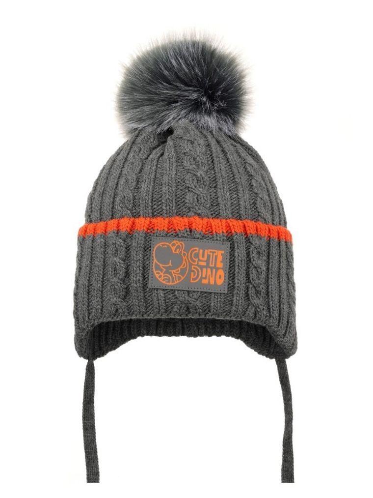 Komplet chłopięcy, Czapka z pomponem, wiązana, Komin, szary, Ambra
