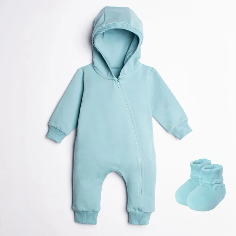 Komplet chłopięcy, Kombinezon przejściowy z kapturem, Buciki niechodki, niebieski, Nicol