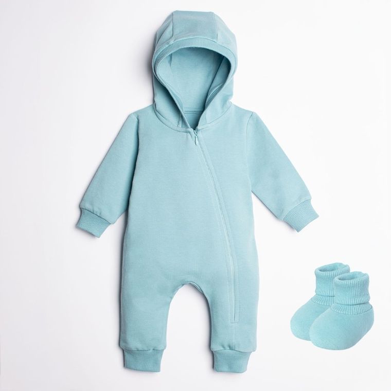 Komplet chłopięcy, Kombinezon przejściowy z kapturem, Buciki niechodki, niebieski, Nicol