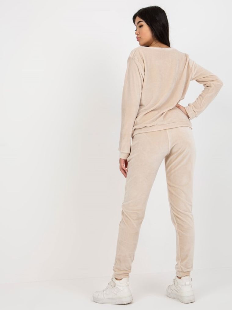 Komplet damski, Bluza, Spodnie, welurowy, beżowy, Rue Paris