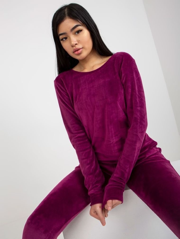 Komplet damski, Bluza, Spodnie, welurowy, fioletowy, Rue Paris