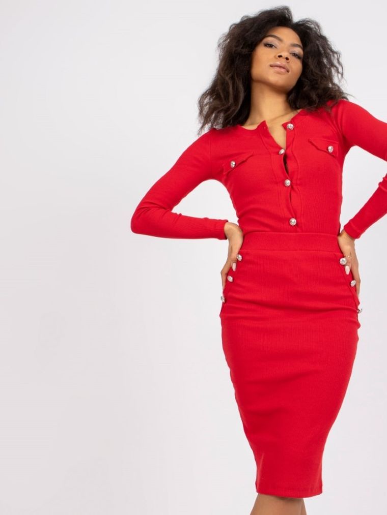 Komplet damski, Bluzka z długim rękawem, Spódnica, czerwony, Rue Paris