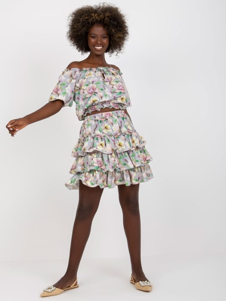 Komplet damski, Bluzka z krótkim rękawem, Spódnica, żółty, Lakerta