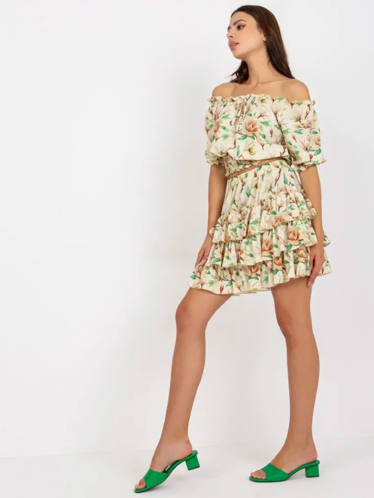 Komplet damski, Bluzka z krótkim rękawem, Spódnica, żółty, Lakerta