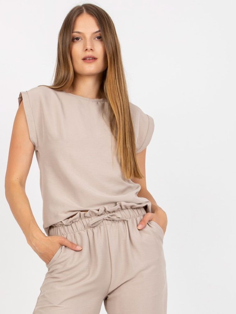 Komplet damski, Bluzka z krótkim rękawem, Spodnie, beżowy, Rue Paris