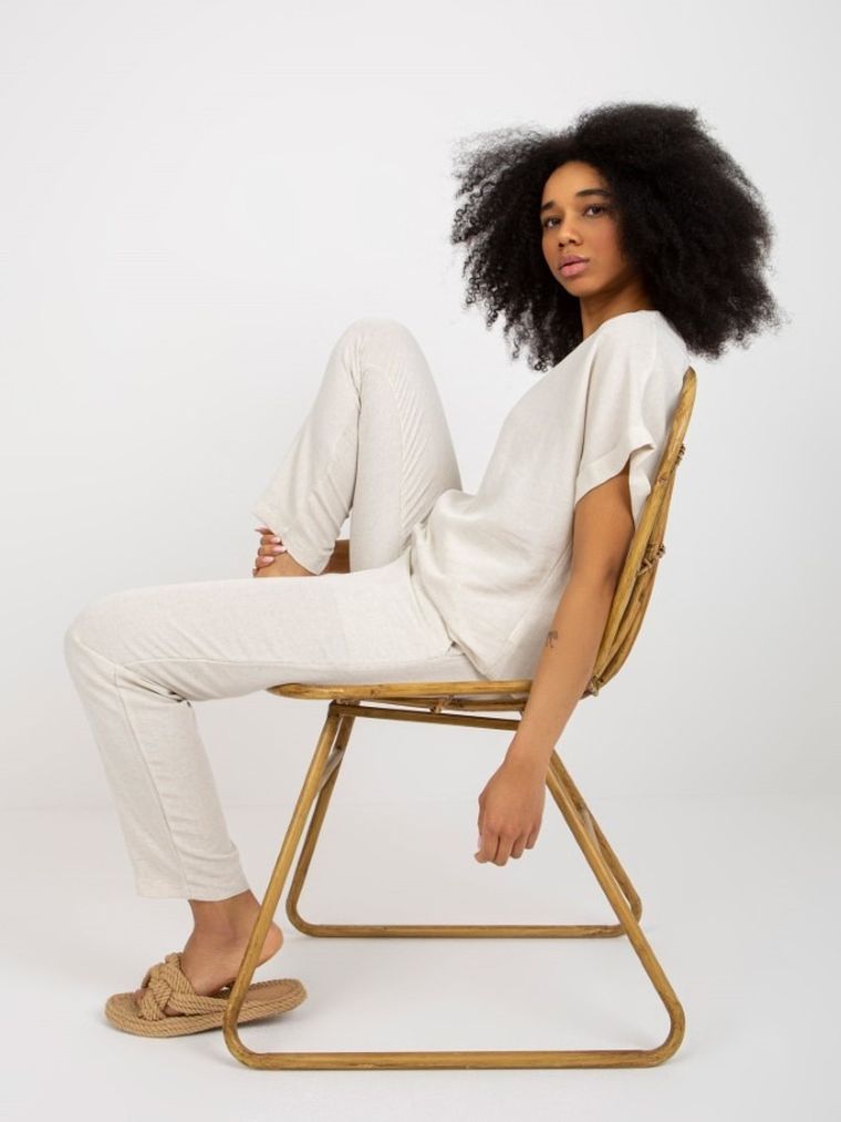 Komplet damski, Bluzka z krótkim rękawem, Spodnie, beżowy, Rue Paris