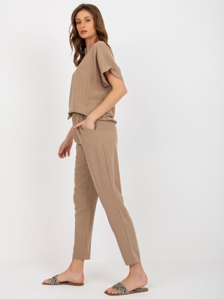 Komplet damski, Bluzka z krótkim rękawem, Spodnie, beżowy, Rue Paris