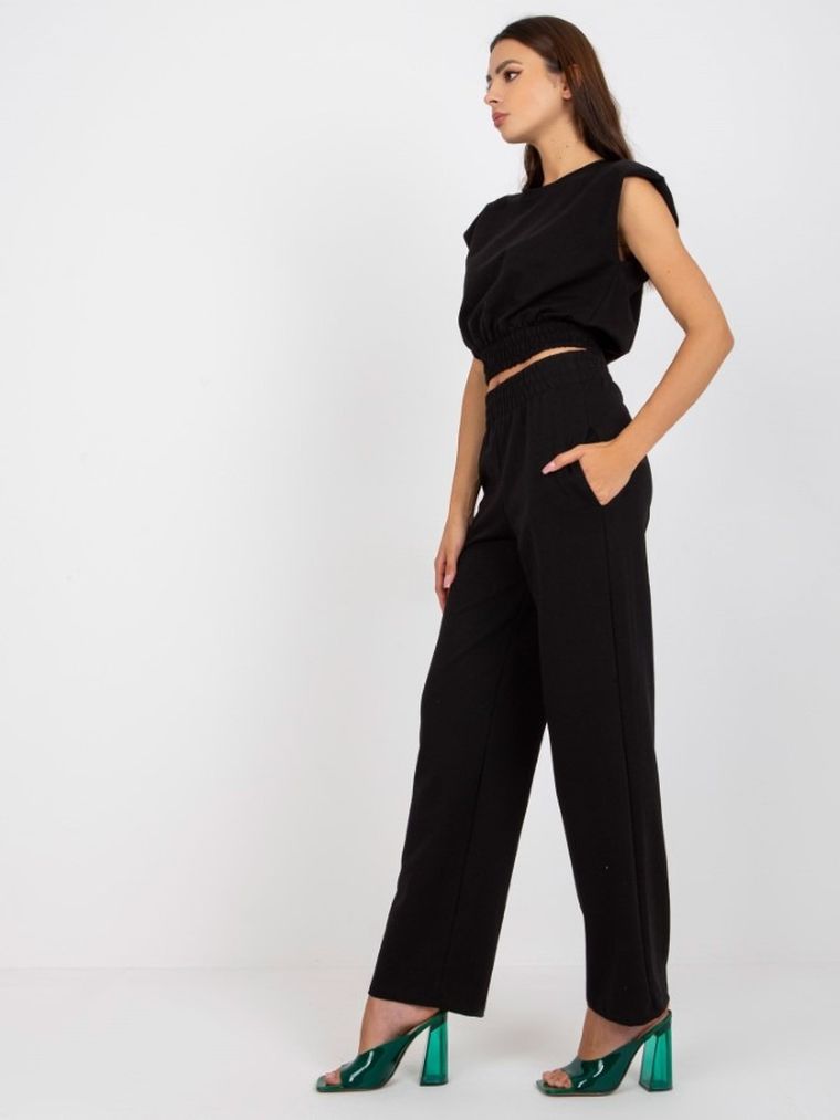 Komplet damski, Bluzka z krótkim rękawem, Spodnie, czarny, Rue Paris