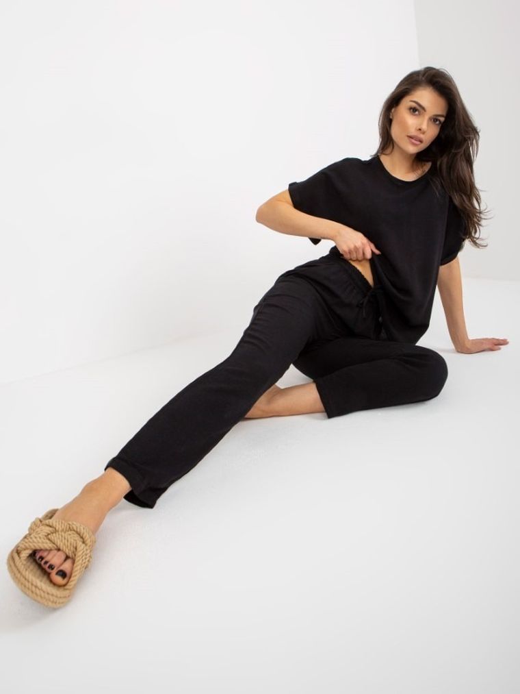 Komplet damski, Bluzka z krótkim rękawem, Spodnie, czarny, Rue Paris