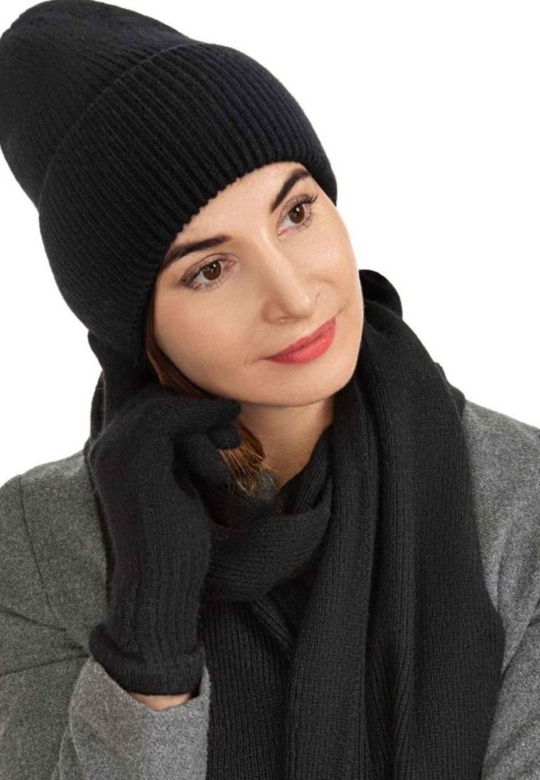 Komplet damski, Czapka, Szalik, Rękawiczki, czarny, Ambra