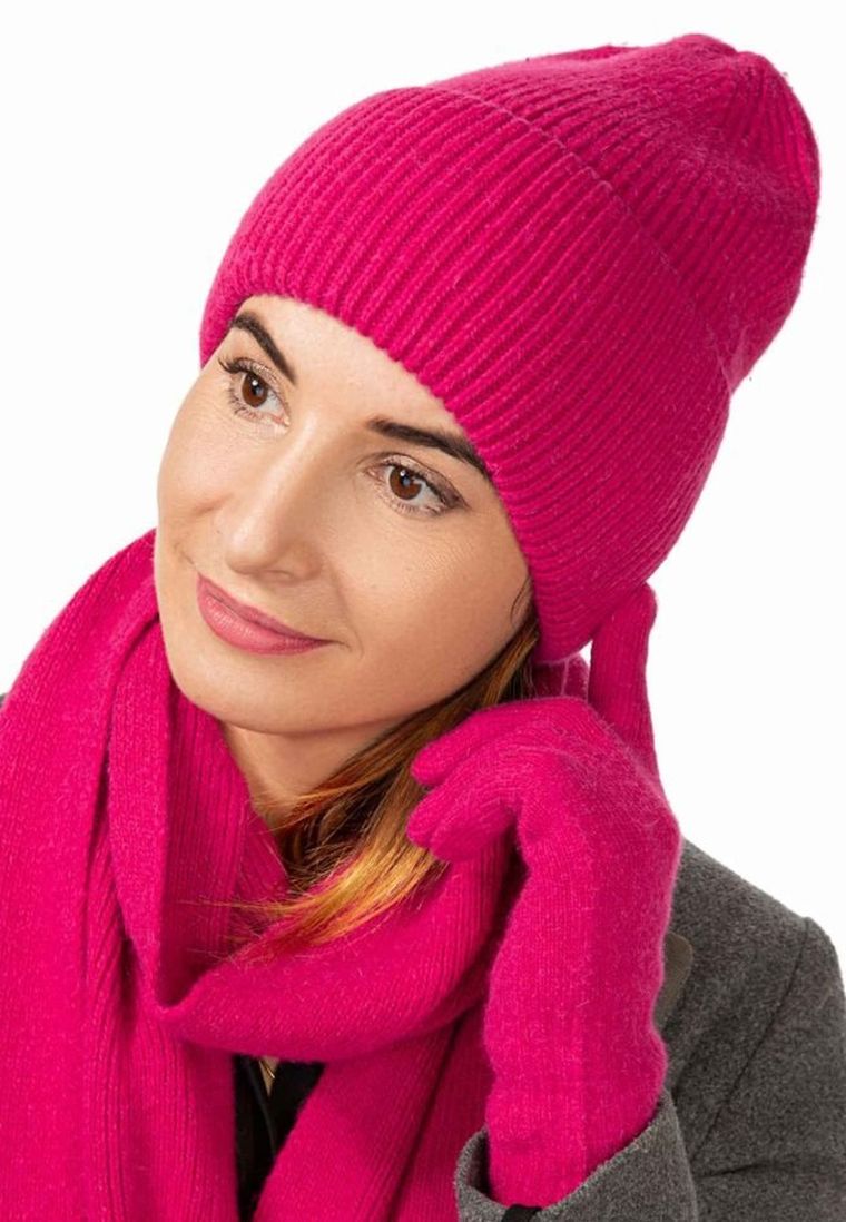 Komplet damski, Czapka, Szalik, Rękawiczki, różowy, Ambra