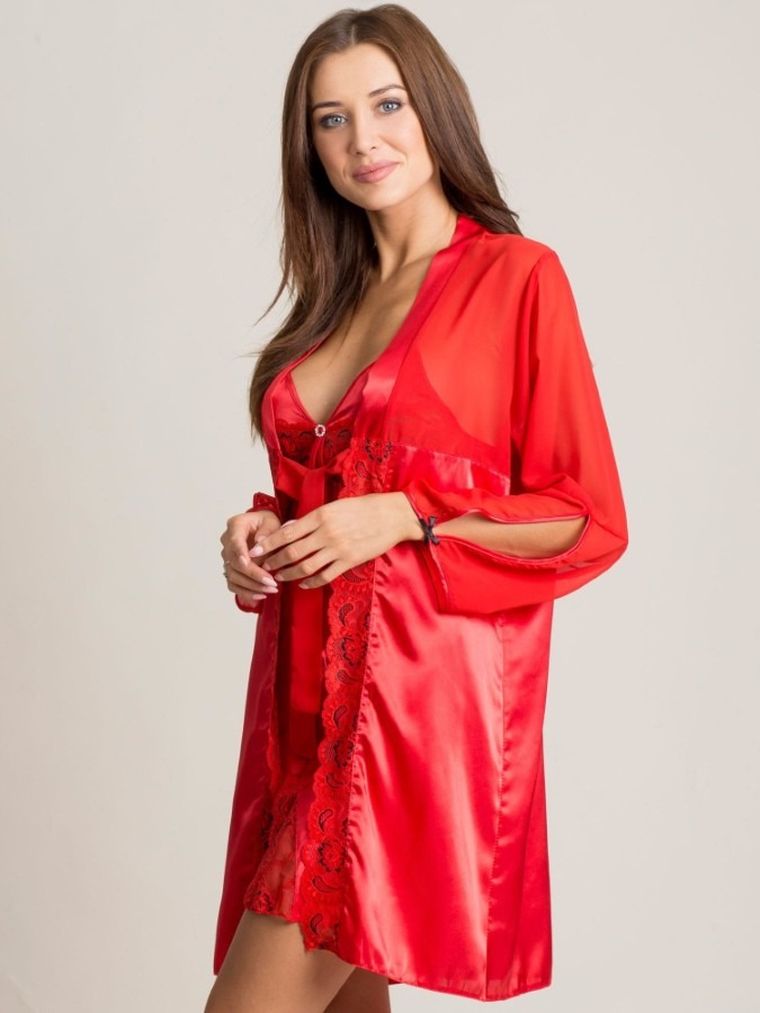 Komplet damski, Koszula nocna na ramiączka, Szlafrok, czerwony, Berrak