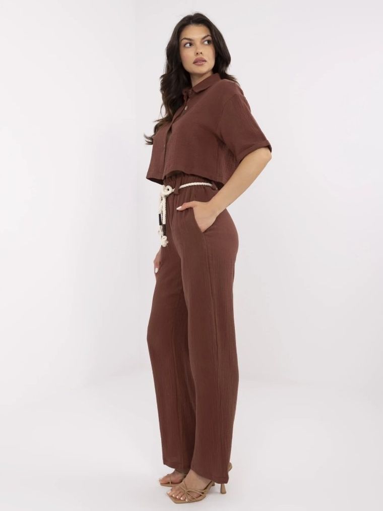 Komplet damski, Koszula z krótkim rękawem, Spodnie materiałowe, brązowy, Factory Price