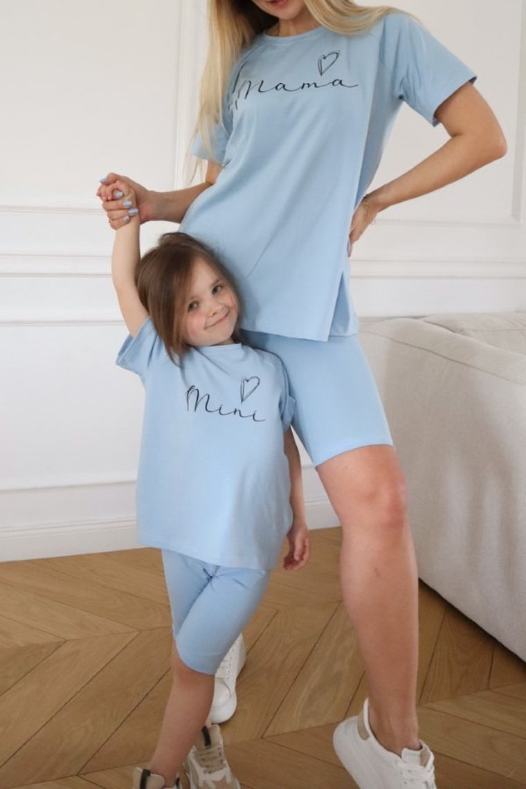 Komplet damski, T-shirt, Legginsy kolarki, niebieski, Pretilo Mini