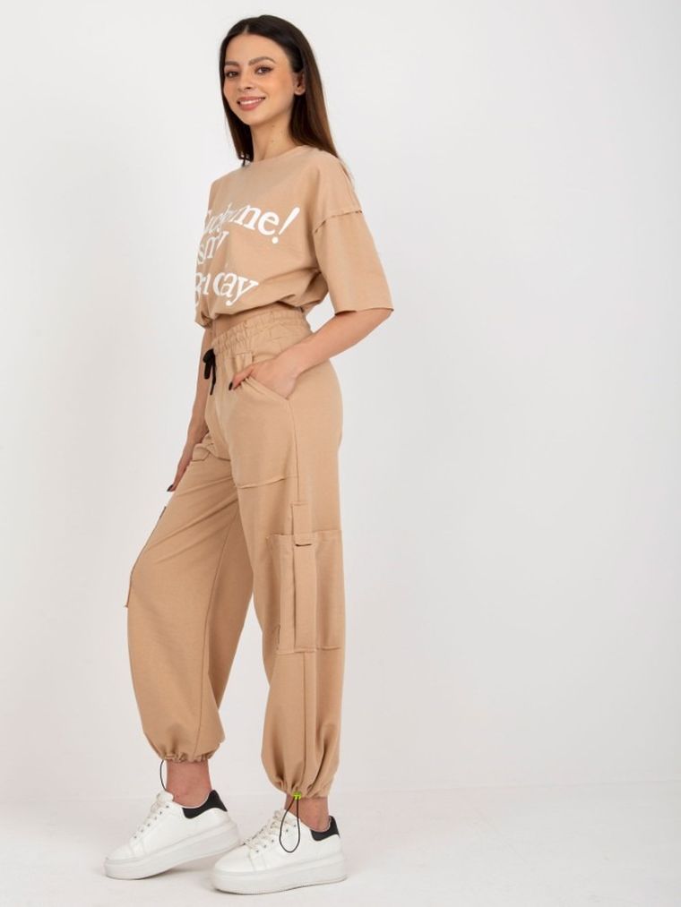 Komplet damski, T-shirt, Spodnie dresowe, beżowy, BADU