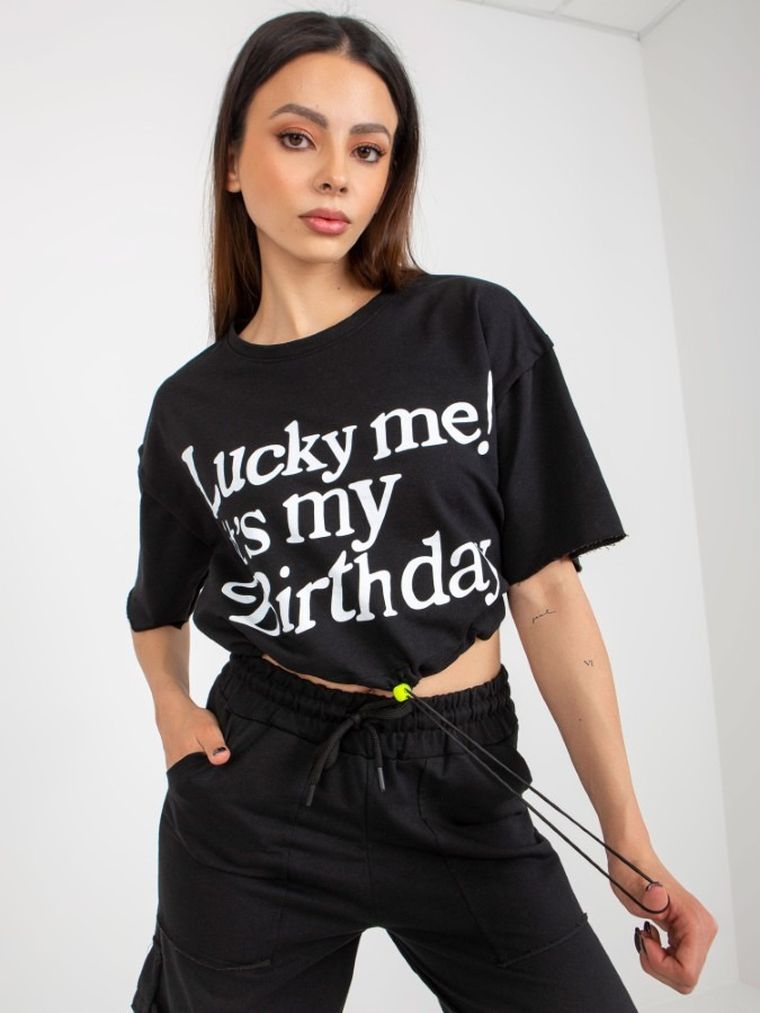 Komplet damski, T-shirt, Spodnie dresowe, czarny, BADU