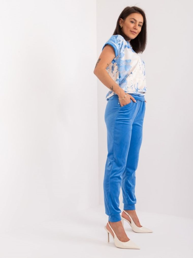 Komplet damski, T-shirt, Spodnie welurowe, niebieski, Rue Paris