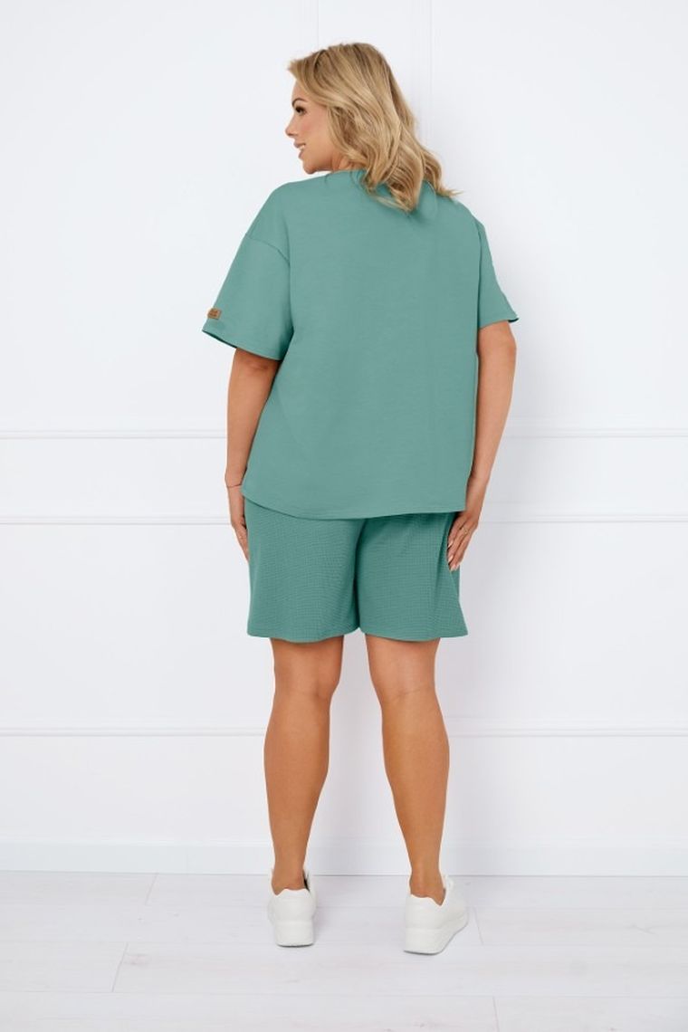 Komplet damski, T-shirt, Szorty, plus size, zielony, Italian Fashion