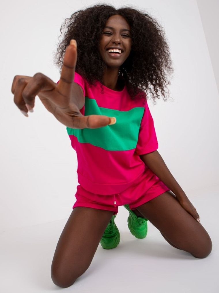 Komplet damski, T-shirt, Szorty, różowy, Rue Paris