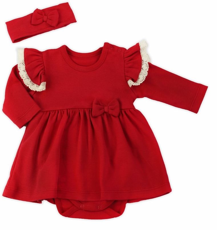 Komplet dziewczęcy, Body sukienka z długim rękawem, Opaska, czerwony, Nicol