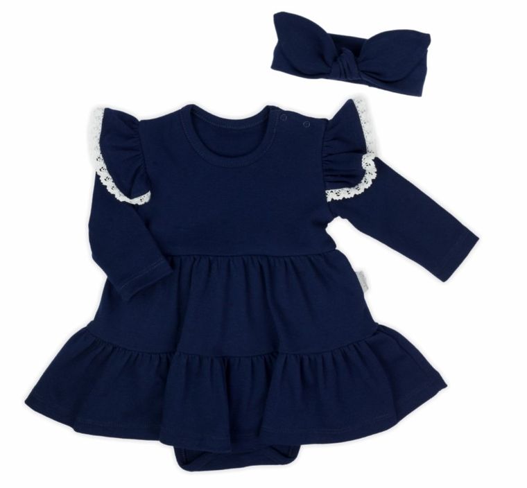 Komplet dziewczęcy, Body sukienka z długim rękawem, Opaska, granatowy, Nicol