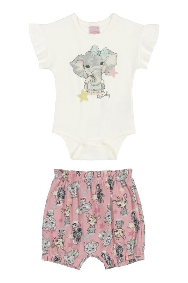 Komplet dziewczęcy, Body z krótkim rękawem, Szorty, biało-różowy, Quimby